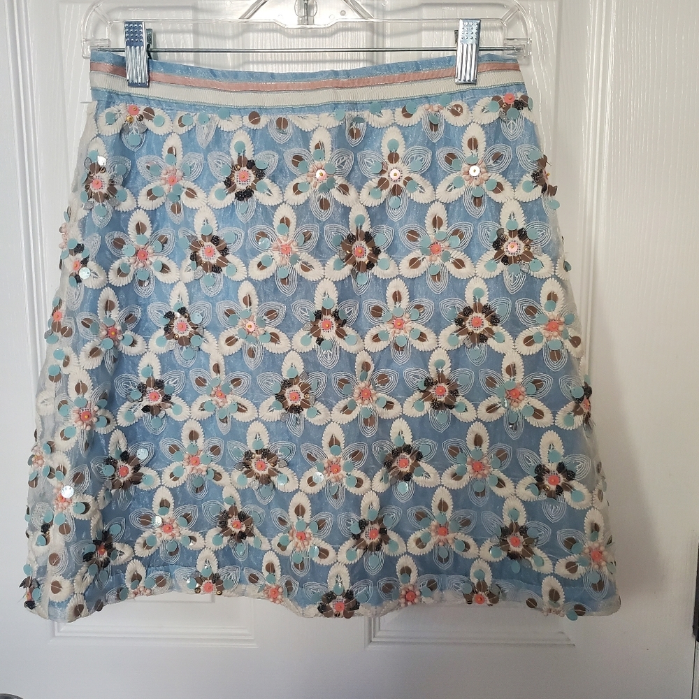 Maeve Anthropologie Light Blue Floral Sequin A-Line Skirt